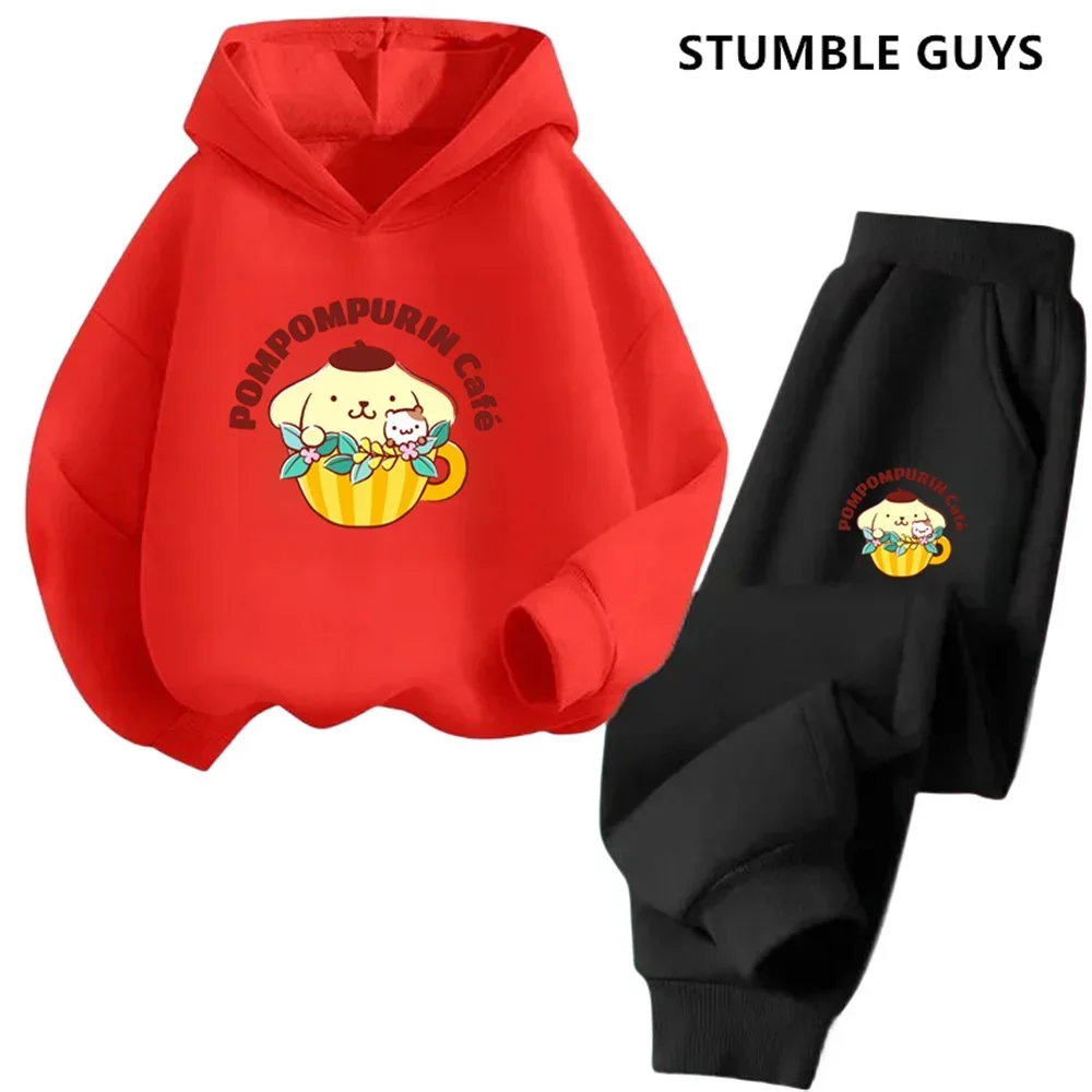 Pompompurin Trucksuit Cartoon Boys and Girls 3-14 Years Old Kawaii Street Casual Sweatshirt Children\'s Outdoor Sports Hoodie Set