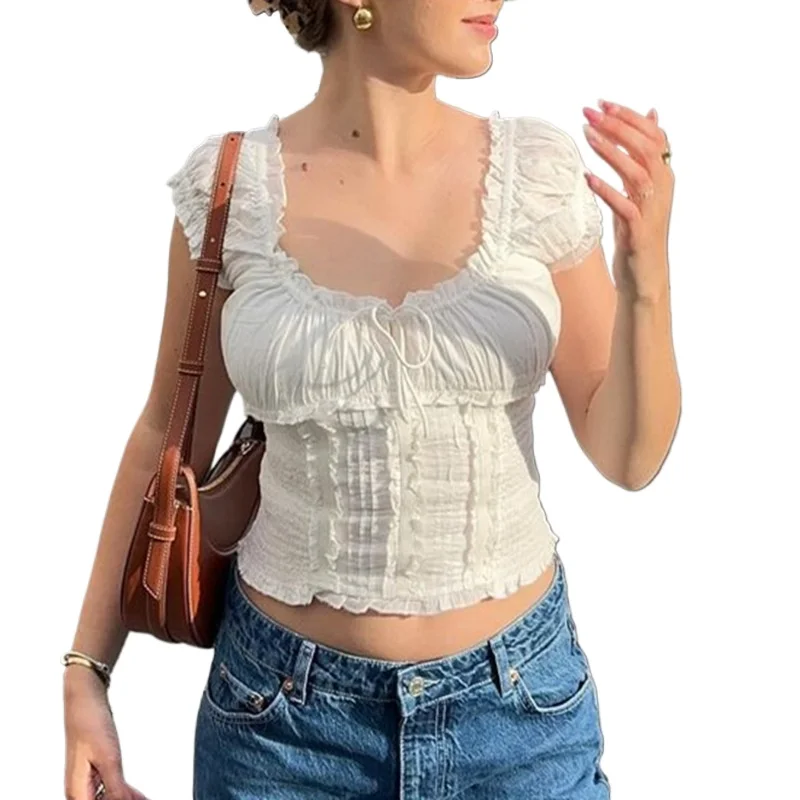 

Women's clothing summer new fashion sexy open button bubble sleeves short top women