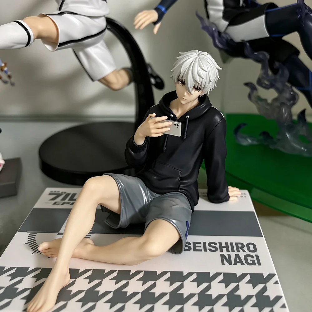 Anime White Hair Youth Figurine Sitting Pose With Phone Hoodie Shorts PVC Collectible Human Figure Desktop Display Ornament
