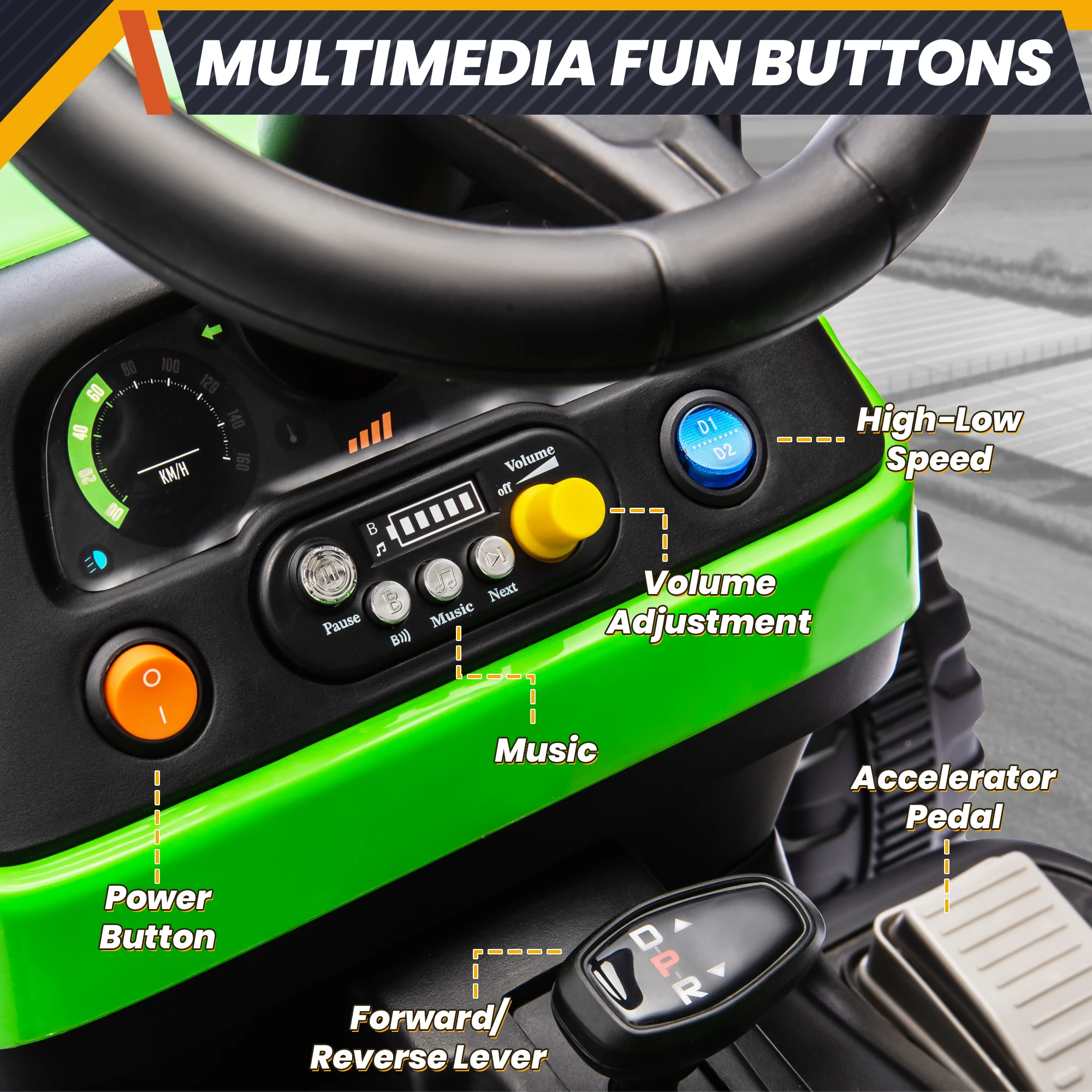 Traktor elektryczny dla dzieci 24V, zabawki elektryczne z silnikami 400W, odchylany i odłączany przyczepa, regulowane siedzenie, Bluetooth, Mu