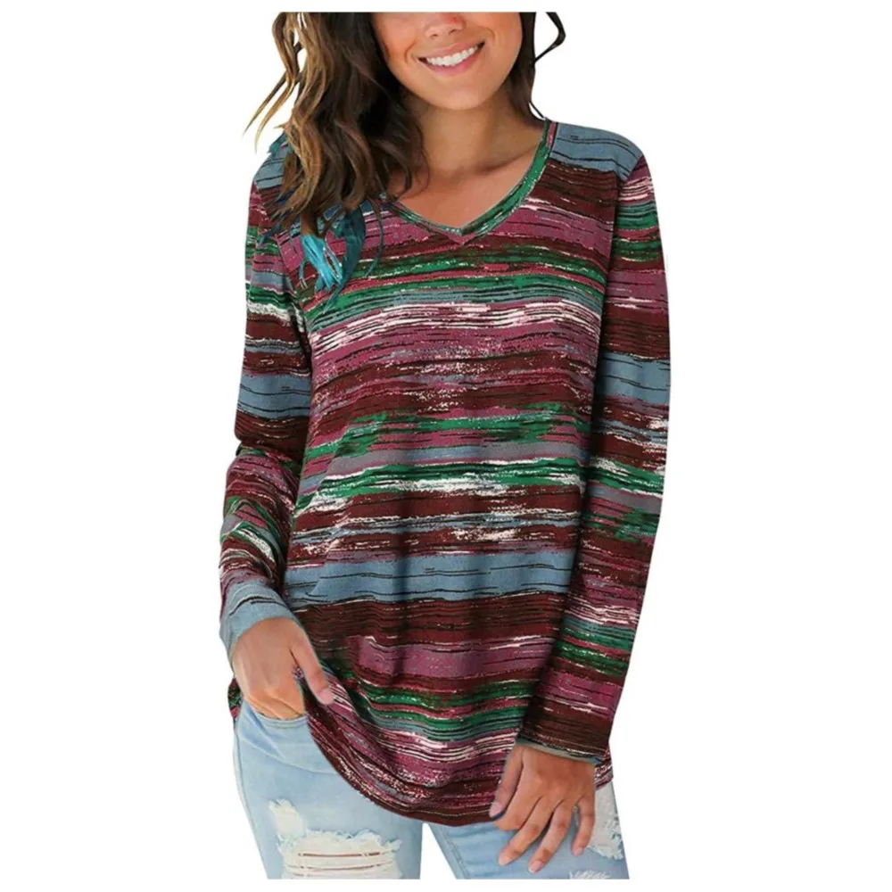 

T-shirts For Women 2024 New Printing V-neck Long Sleeve Fashion Casual Loose Temperament Ladies Pullovers Tops Spring And Autumn