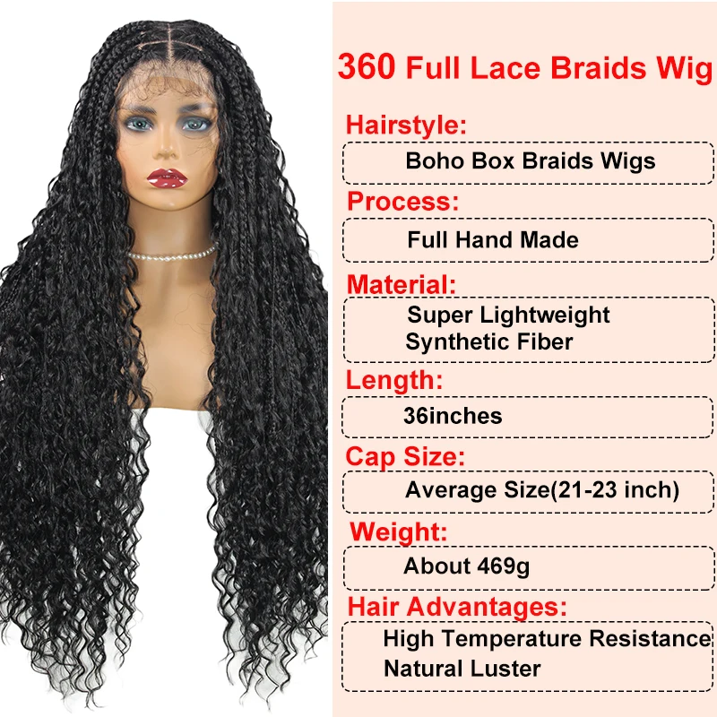 Boho Box Braided Wigs Curly Hair Synthetic Full Lace Front Wigs for Black Women Goddess Locs Braid Wig Bohemian Box Braid Wig