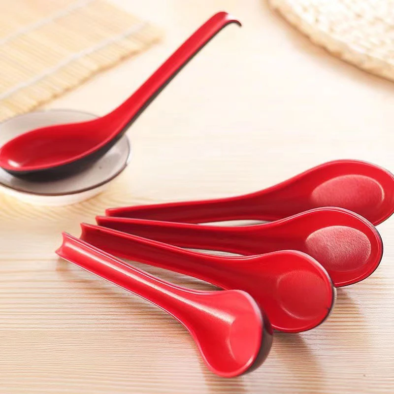 12/1PCS Red Black High Temperature Melamine Imitation Porcelain Long Handle Anti-scalding Anti-slip Drinking Spoon Noodle Spoon