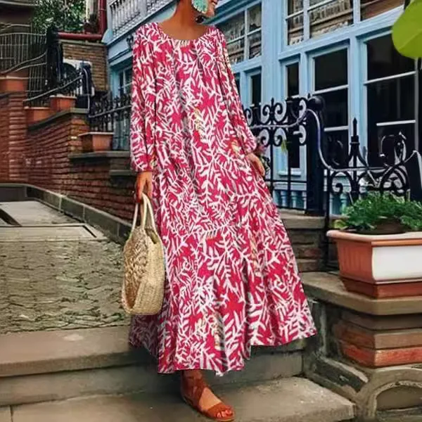 Abito casual ampio con stampa Boho per donna elegante girocollo manica lunga orlo grande abiti lunghi 2024 moda primavera estate novità
