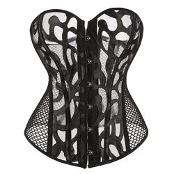 Women Steampunk Overbust Corset Hollow Out Mesh Waist Bustier Top Black White Gothic Corselet Basques