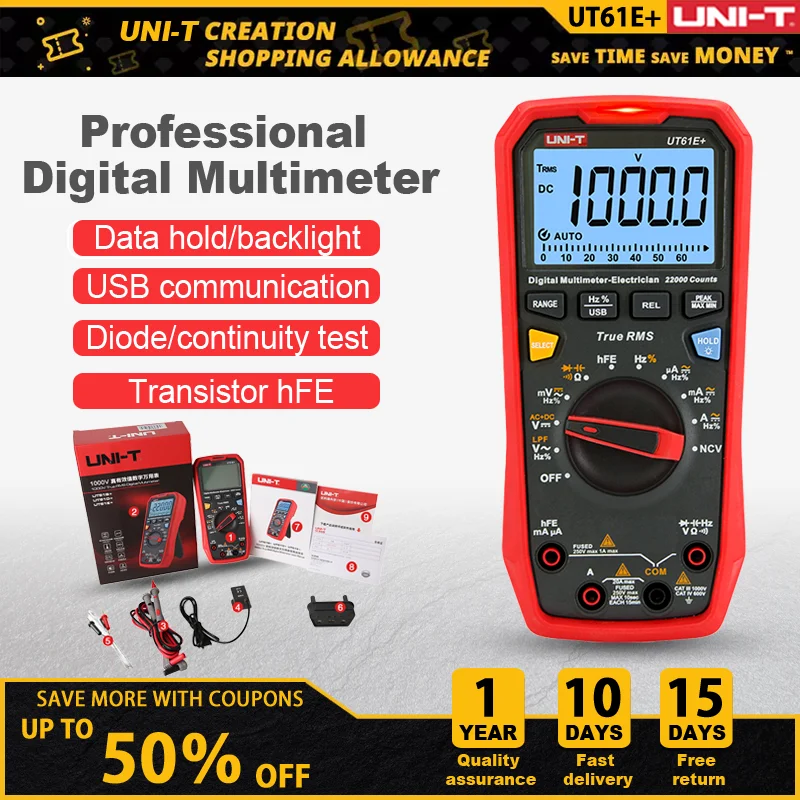 UNI-T Multimeter Digital UT61E Plus Series True RMS 1000V Auto Range Handheld Professional Tester Voltmeter Multimeter AC/DC