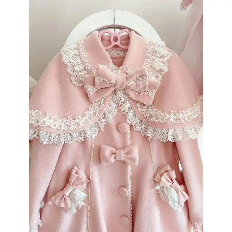 Japanese Lovely Woolen New Bow Mid-length Big Swing Slim Exquisite Blends Elegant Celebrity Princess Lazy All-match Coat