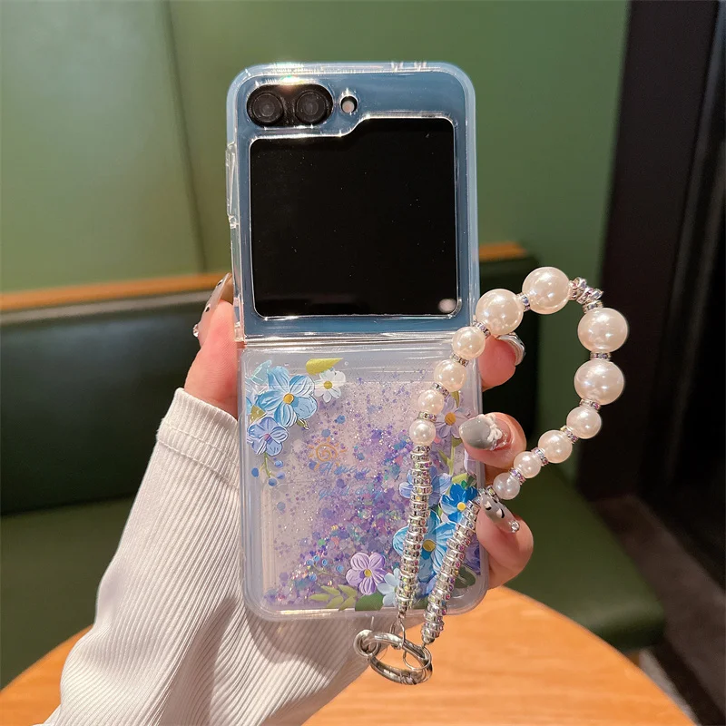 

Dynamic glitter Liquid Quicksand Flower Luminous Case For Samsung Galaxy Z Flip 5 6 4 3 S22 S23 Ultra S24 S25 Plus pearl Lanyard