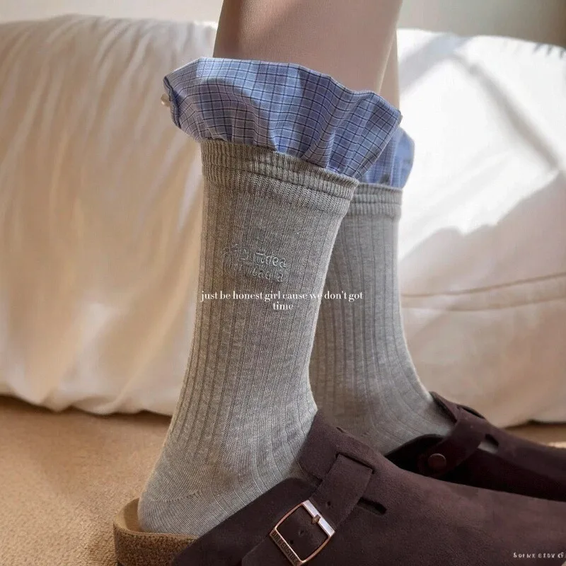Pearl Embellishment with Highlights - Blue Plaid Lace Foreign Style Medium Tube Tide Socks Women Ins Bow Sweet Pile Thin Cotton
