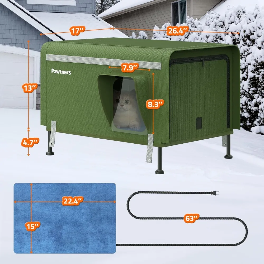 Heated Cat House for Outside, Outdoor Insulated Kitty Shelter with Heated Pad & Escape Door, Weatherproof Pet House