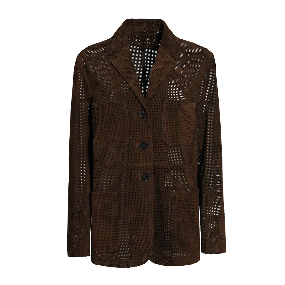 Jaxmonoy 2025, Frühjahr, neue echte Wildlederjacke, Damenmode, ausgehöhlte Echtlederjacke, Damen-Herbst-Ziegenleder-Wildleder-Blazer