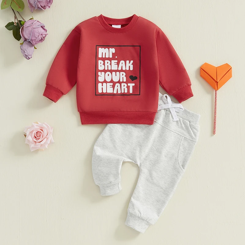 Baby Boy Valentine’s Day Outfits Long Sleeve Sweatshirt Solid Color Pants Set Toddler Clothes