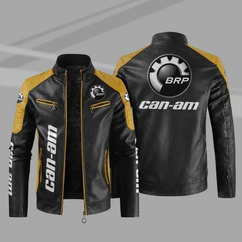 New Men\'s PU Leather Winter Brp Can-am Logo Fashion Motorcycle Bomber Zipper Jacket Outwear Keep Warm Male Coat