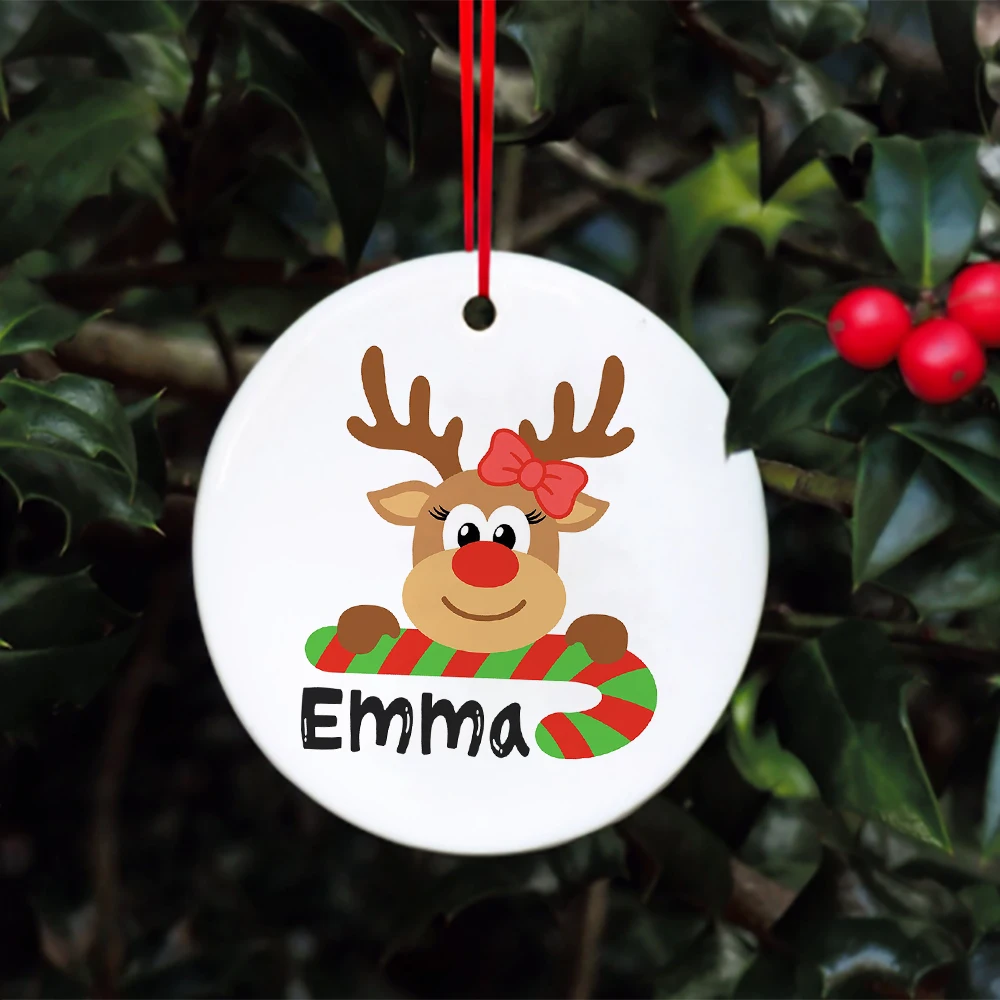 Baby\'s Christmas Ornament Personalized Deer with Name Ceramic Bauble Gift for Newborn Present for Baby Custom Xmas Decoration