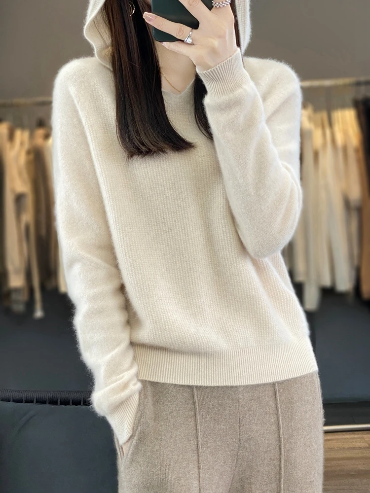 

Autumn Winter Women 100% Merino Wool Sweater Hoodie Seamless Pullover Basic Top Casual Solid colour Hooded Cashmere Clothing