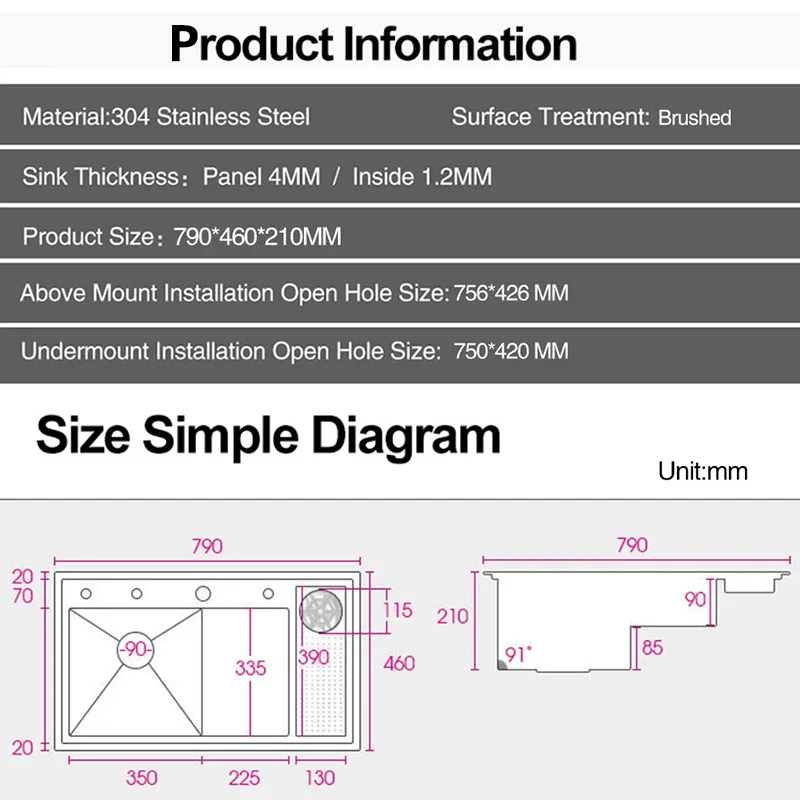 Large Size Kitchen Sink 304 Stainless Steel Cup Rinser Stepped Sink Handmade Brushed Single Kitchen Cup Rinser Stepped Sinks