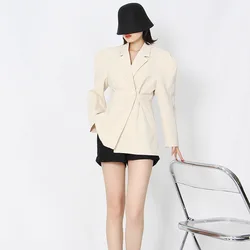 High Street Blazer For Women Autumn Black Apricot Notched Collar Long Sleeve Fashion Folds Clothes Female New Casual Jacket Coat