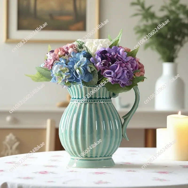 for French retro ceramic vase, large-mouthed vase, high-end flower arrangement milk pot, entrance hall dining table decoration