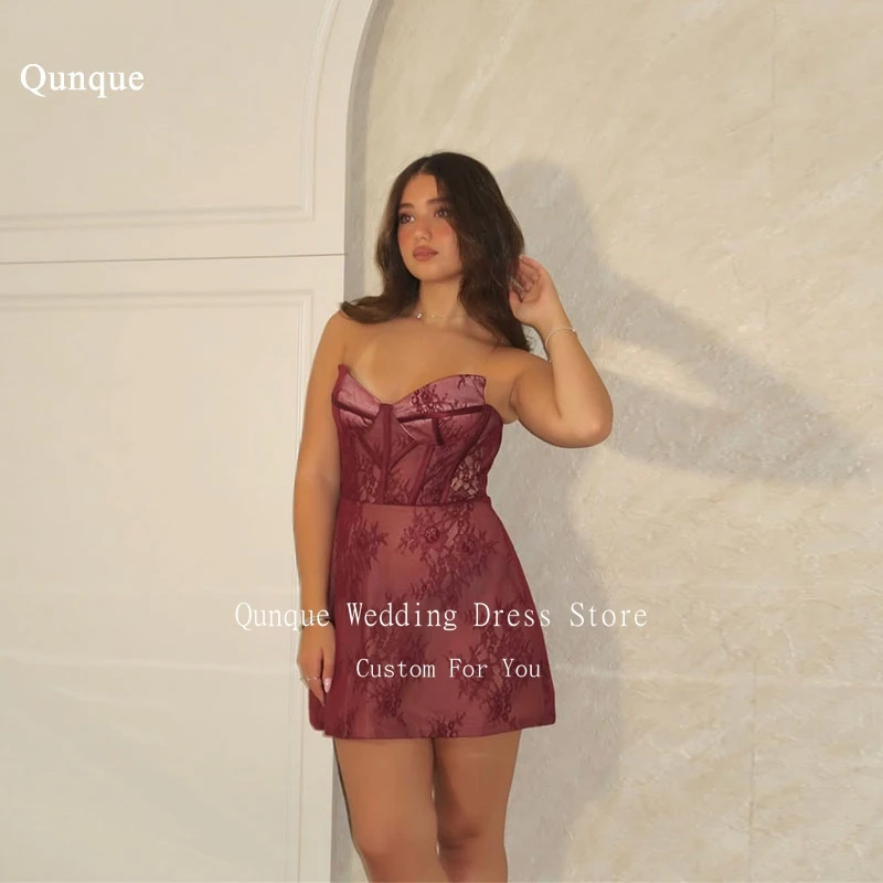 

Qunque Burgundy Lace Prom Dress Sheath Short Women Birthday Dresses Fishbone Sexy Strapless Mini Celebrity Dresses Customized