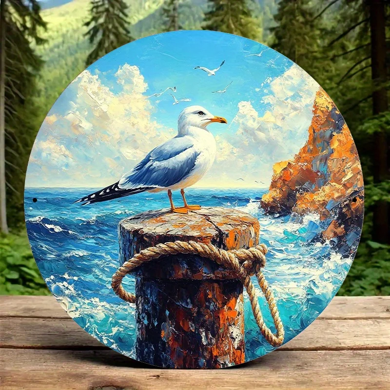 Round 8x8 Inch Seagull on Pillar Aluminum Art Plate – Coastal Blue Sea & Waves Scene, Durable Circular Metal Poster
