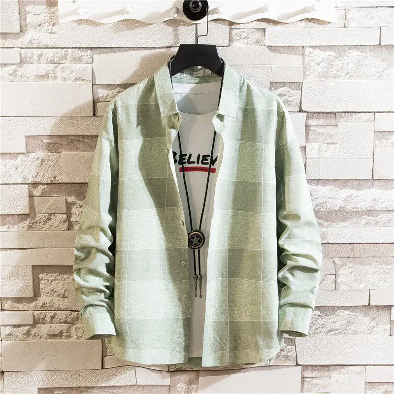 

Корейские приталенные рубашки с длинными рукавами для мужчин, весна-лето 2025 года, классическая повседневная рубашка в клетку с лацканами и принтом, уличная одежда для социальных вечеринок