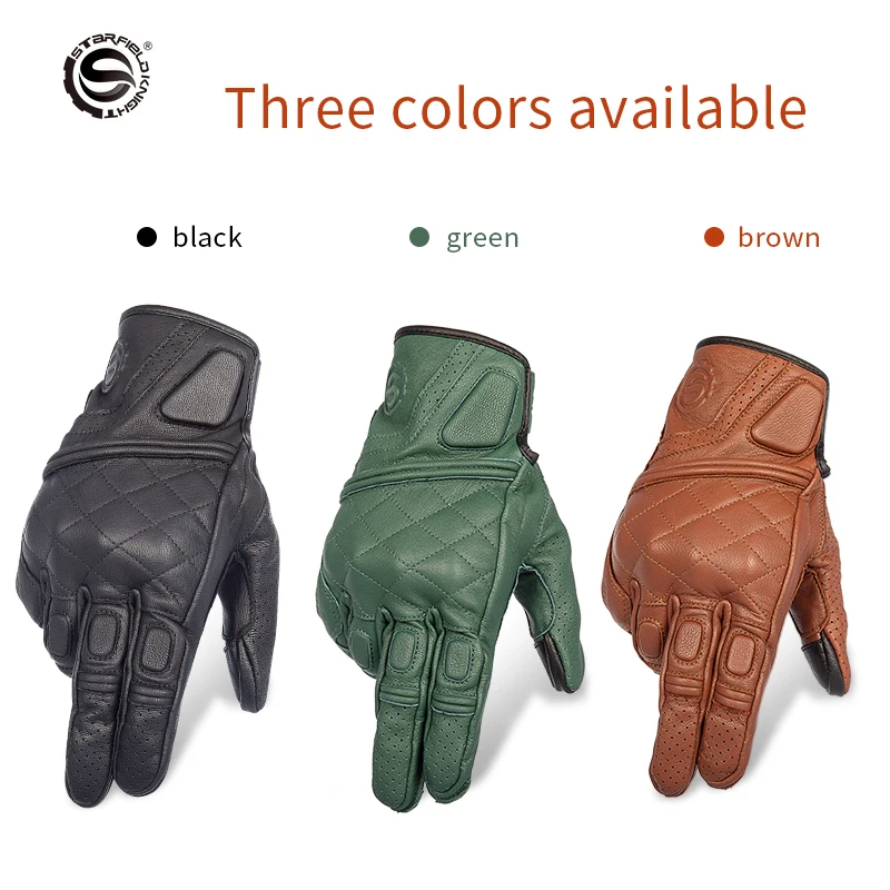 SFK Motorcyle Gloves Retro Real Goatskin Leather Wear-resistan Riding Race Knuckle Protection Summer Breathable Touch Screen