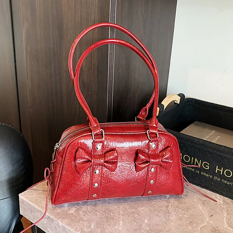 

New Women's Handbags Korean Retro Personalized Rivet Bow One Shoulder Bags Fashion Large Capacity PU Lace-up Underarm Bag