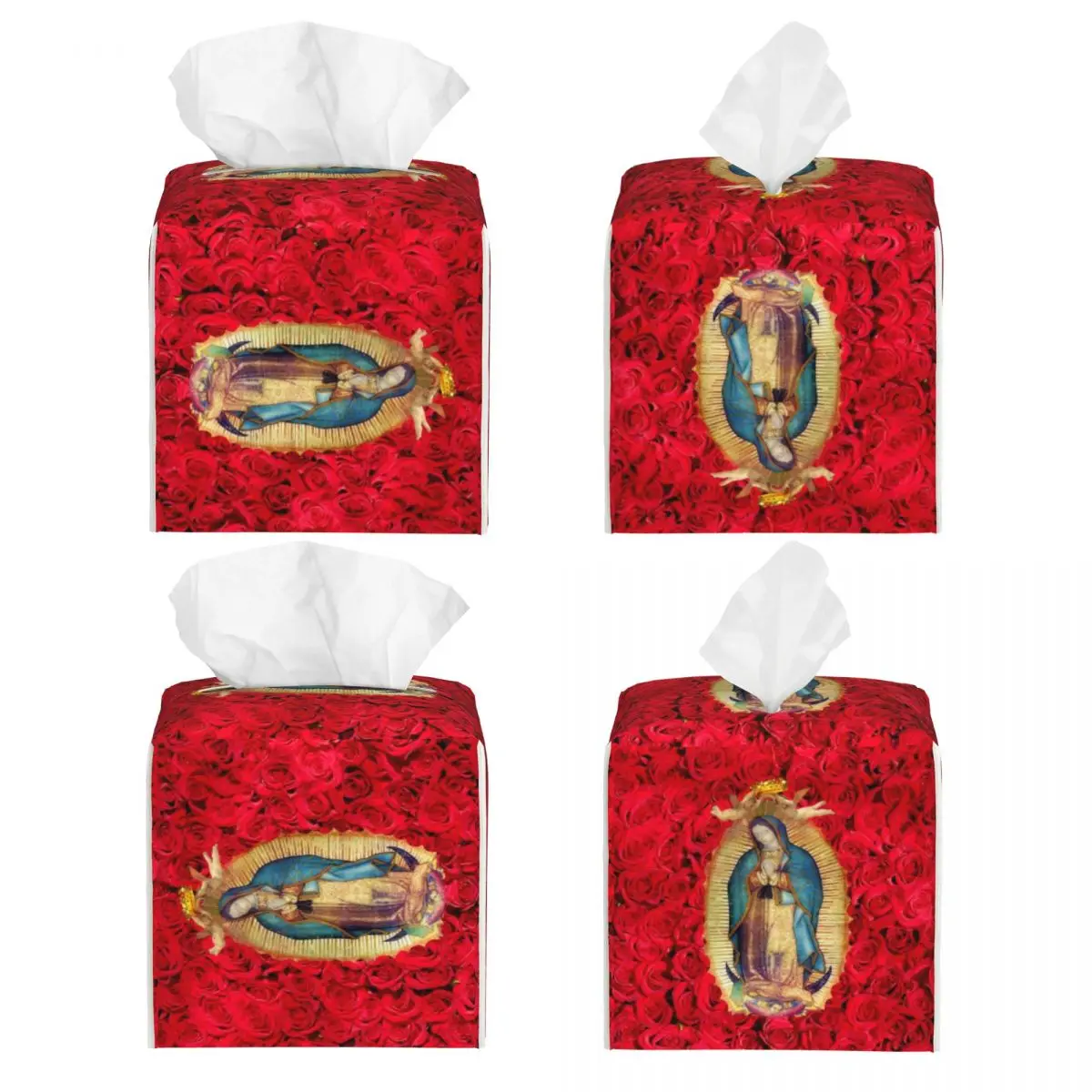 Custom Guadalupe Virgin Mary With Flowers Tissue Box Cover PU Leather Square Catholic Facial Tissues Holder for Office