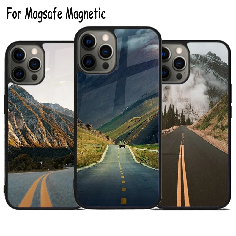 Road With A Mountain Side Wireless Charge Magsafe Phone Case For iPhone 15 16 14 13 11 12 Pro Max Plus Magnetic Bumper Cover