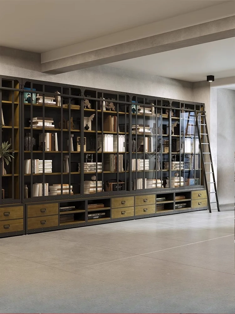 

Industrial Style Bookshelf Floor Shelf Living Room Wrought Iron Solid Wood Dust-proof Bookcase With Cabinet Door Storage Custom