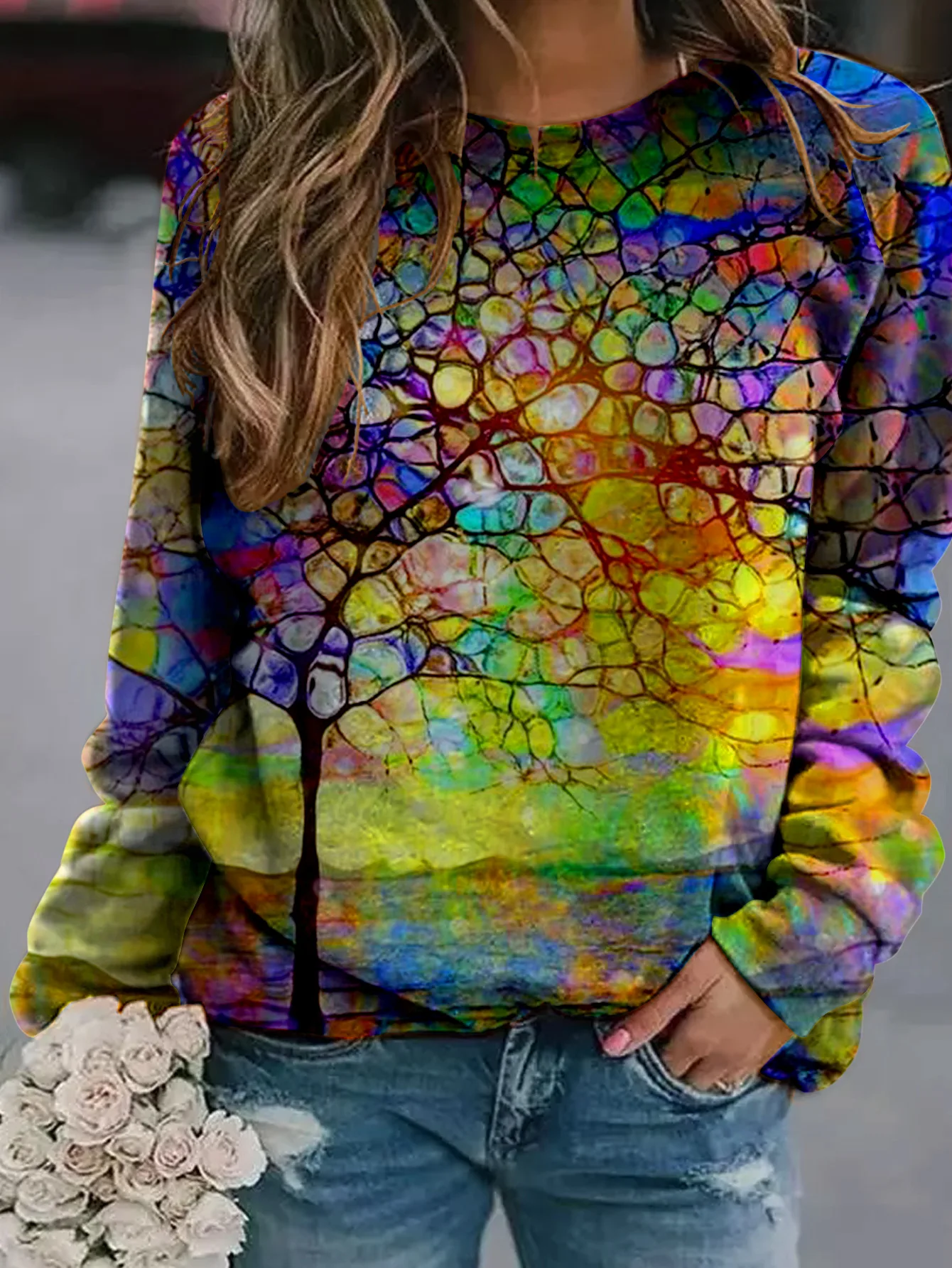 꽃무늬 스웨트셔츠 자연 풍경 그림 3D 프린트 여성 캐주얼 래글런 긴팔 풀오버 하라주쿠 탑 여성 의류
