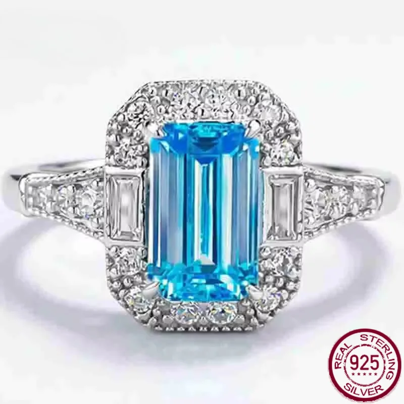 Yaranyan 925 Sterling Silver Emerald Cut 5*8 MM Aquamarine High Carbon Diamond Engagement Ring for Women Fine Jewelry Wholesale