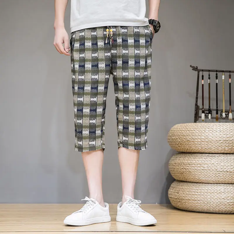 Summer Fashion Sports Casual Calf-Length Pants Men\'s Elastic Waist Drawstring Pocket Versatile Striped Cotton Hemp Beach Shorts