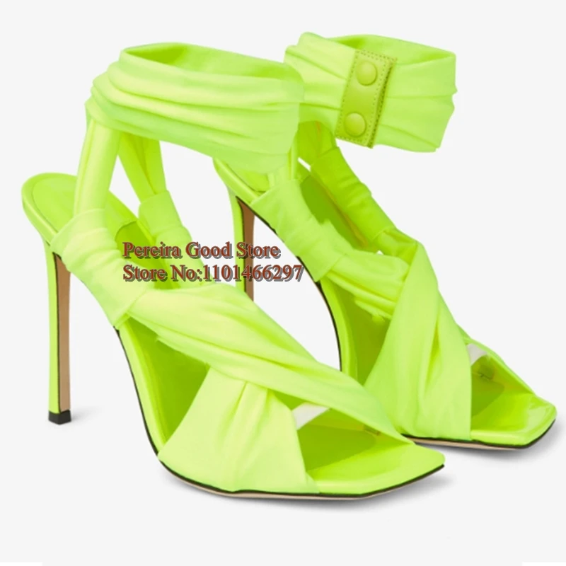 Newest Square Toe Elastic Cross Strap High Heel Sandals Lemon Green Black Satin Peep Toe Cover Heels Hollow Dress Shoes