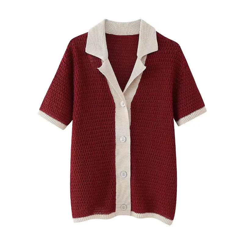 

TRAF Knitted Plus Size Women Polo Short Sleeves Button Lady Top 2024 Spring Summer Fashoin Casual Patchwork Women Clothing