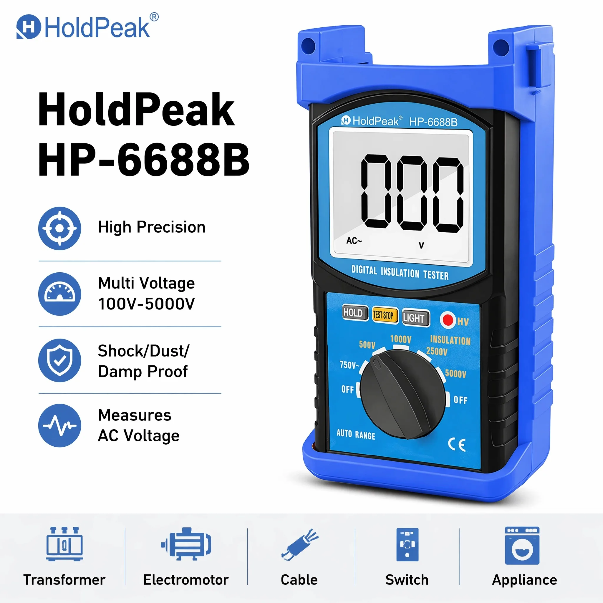 

Megohmmeter Insulation Tester, Multi Voltage 100-5000V, 200GΩ Resistance Range, AC 750V Meter with Backlight&Data Hold