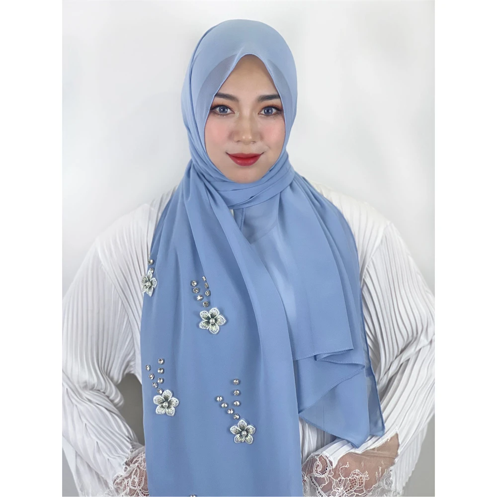 Sciarpa in Chiffon di perle a bolle da donna Hijab musulmano Turbante stole islamiche scialle di fiori avvolgere foulard sciarpe malesia Turbante Mujer