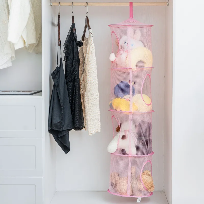 Foldable Plush Animal Storage Net 4 Compartments Hanging Mesh Toy Storage Hammock for Kids Room Toys Gloves Hats Socks