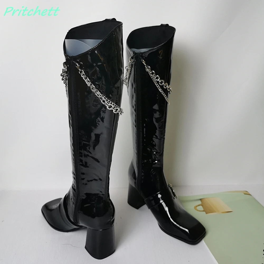 JODenim-Bottes hautes au genou en métal pour femmes, Parker rond, couleurs mélangées, sans lacet, talons carrés, printemps, automne, plus récent, chaussures de mode décontractées