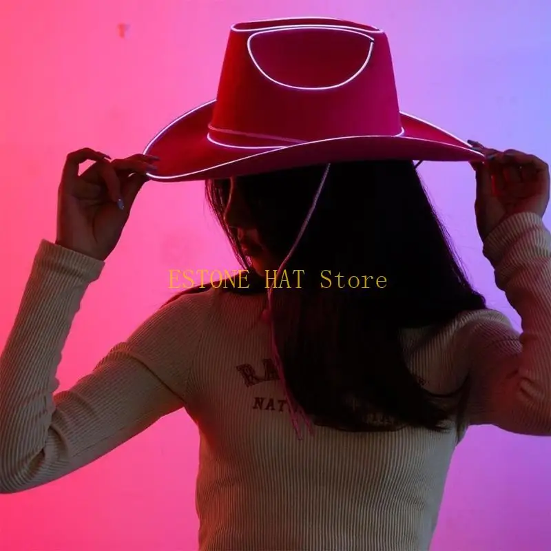 49MF Flashing Pink Cap Wide Brim LED Cowgirl Hat Night Club Costume Hat Party