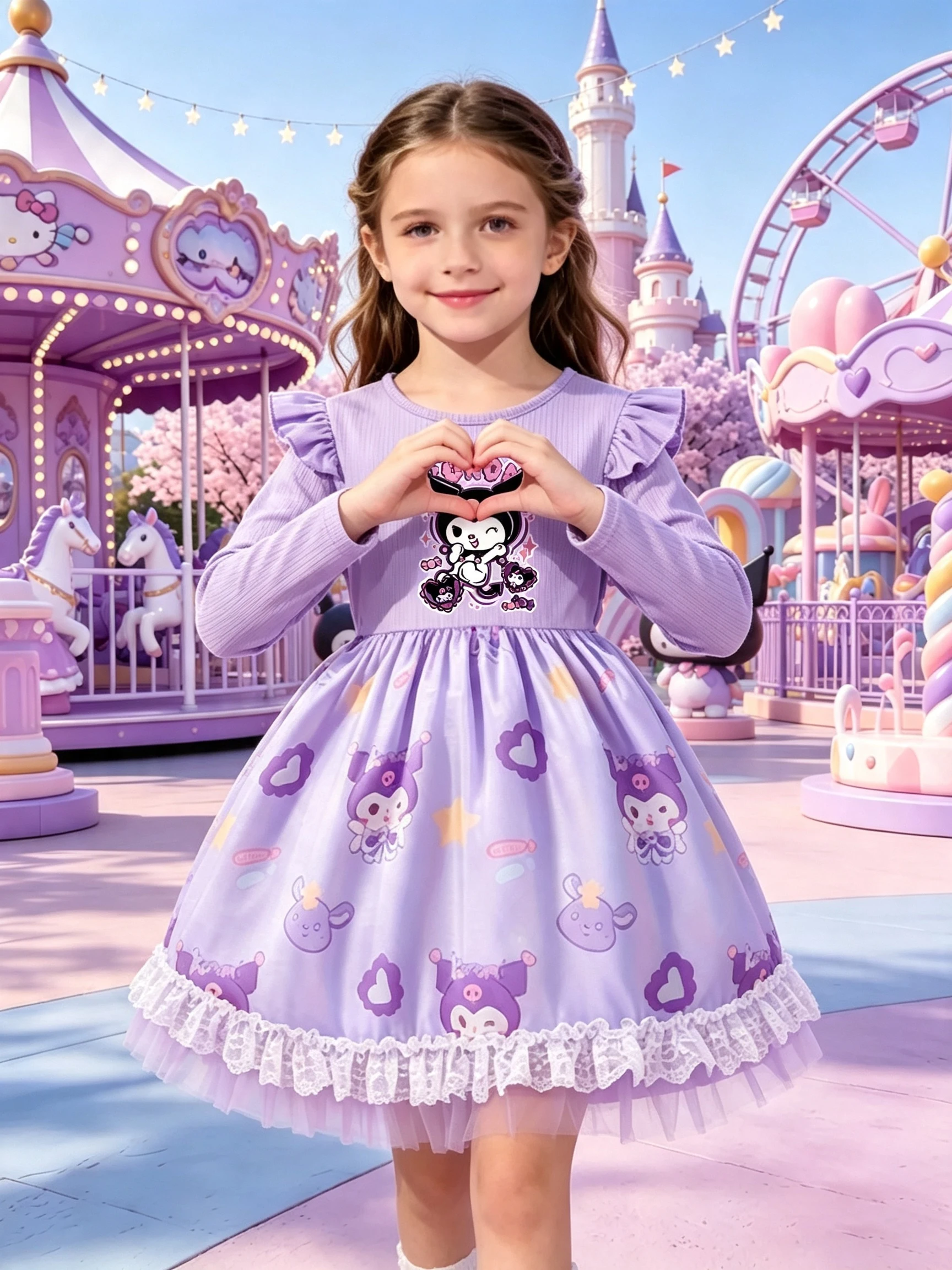 Girls' Kuromi Long Sleeve Tulle Princess Dress, Light Purple Flutter Sleeves, Cartoon Print with Lace Trim, Kids Spring and Autu