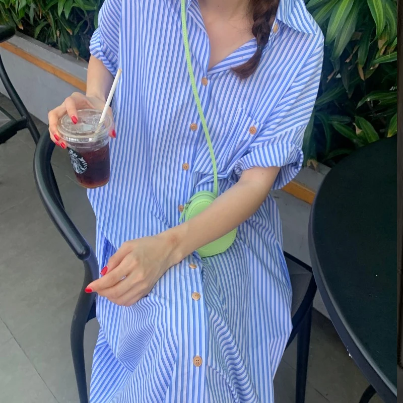 Fashion Summer Striped Loose Women Dress Turn-down Collar Ankle-Length Lady Dress Casual Short Sleeve Women Dresses  8386