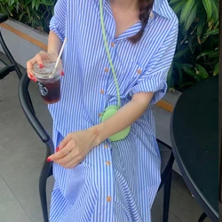 Fashion Summer Striped Loose Women Dress Turn-down Collar Ankle-Length Lady Dress Casual Short Sleeve Women Dresses  8386