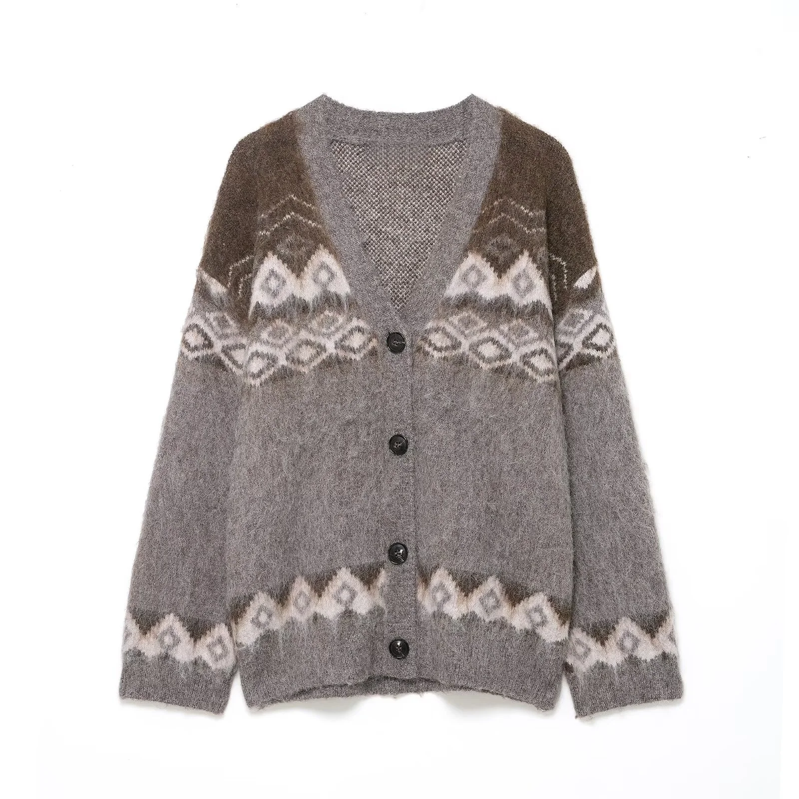 

2025 Winter New Women's Casual Fashion Lazy Style V-neck Long Sleeve Distressed Jacquard Knit Cardigan Button-down Jacket