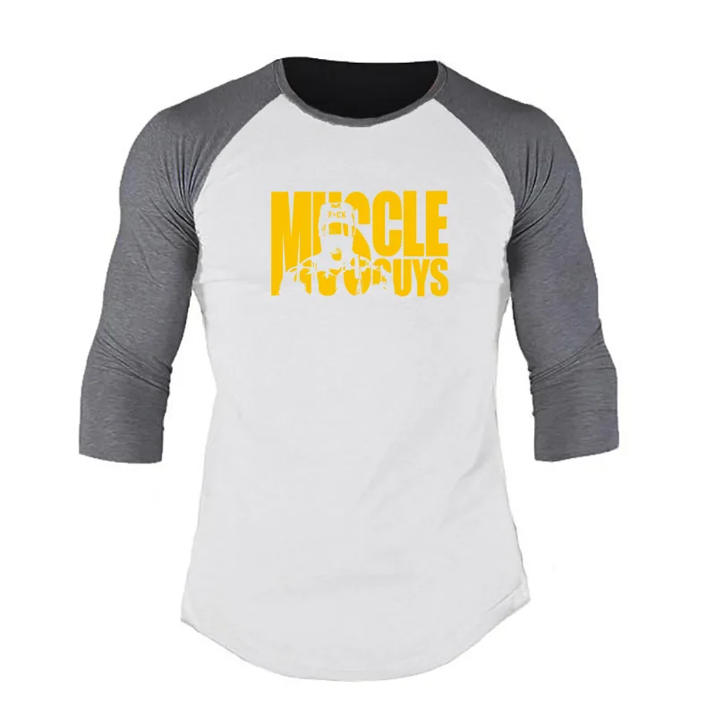summer Men Gym fitness stretch weightlifting sports Tees Sleeve  Points Tops Slim Fit Three-quarter sleeves Comfortable T-Shirts