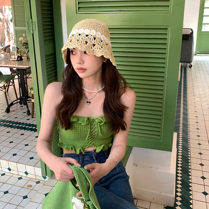 Hollow Big Brim Fisherman Hat Ladies Summer Beach Vacation Breathable Sun Hats Small Fresh Personality Flower Elegant Bucket Hat