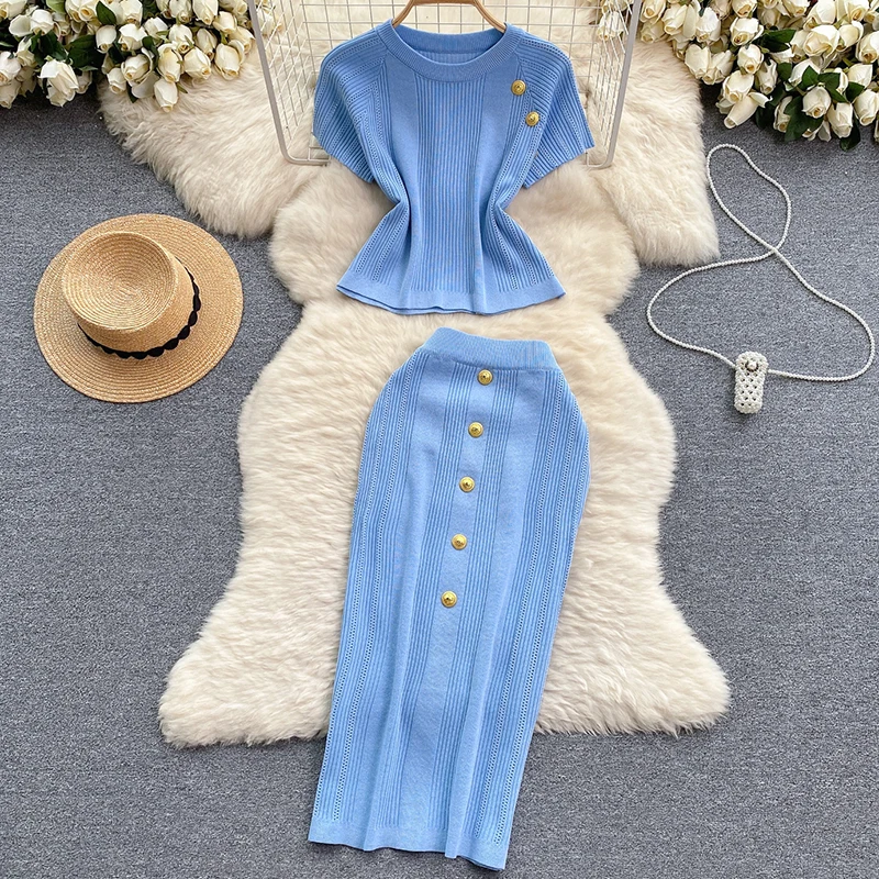 HELIAR Elegant Knitted 2 Piece Sets O-Neck Metal Buttons Short Sleeve Top and Elastic Skirts Set Casual Summer Women Outfits