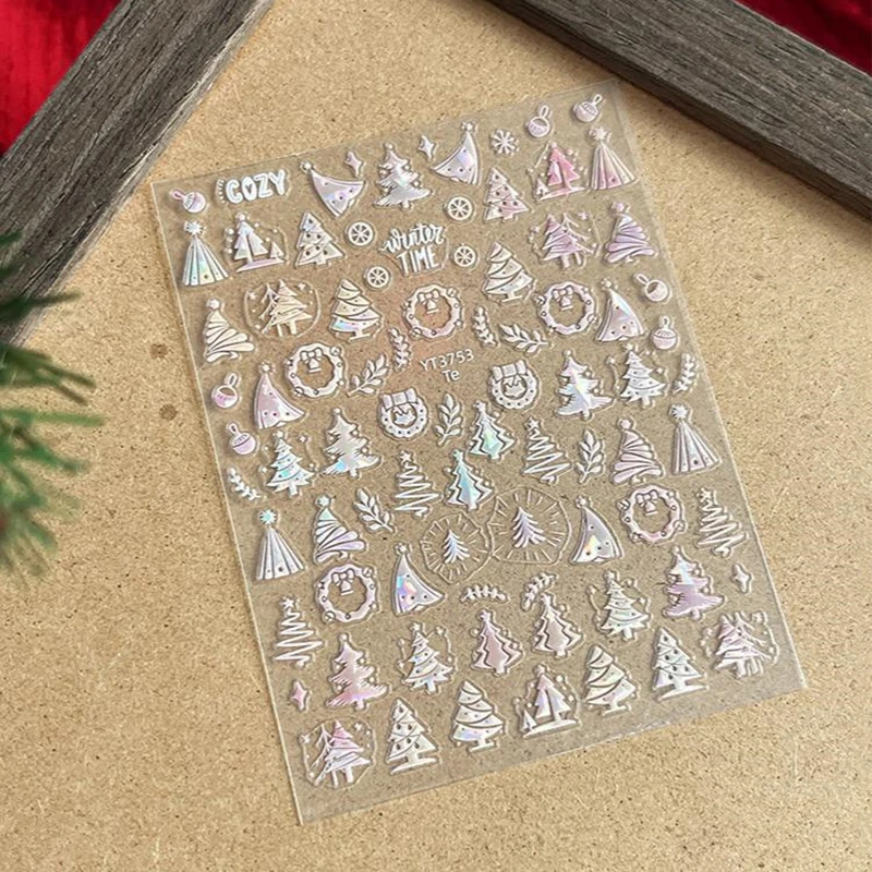 5D Relief Kerstboom Nail Art Stickers Shell Kleur Krans Boog Zelfklevende Nagelstickers DIY Manicure Decoraties