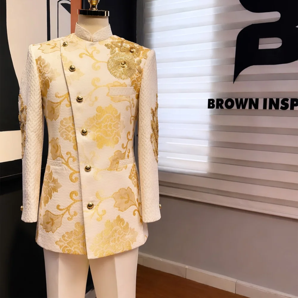 Men's Gold Beaded Suit Set 2 Pieces Formal Party Wear Premium Double Breasted Tuxedo For Men Elegant Slim Fit Suits
