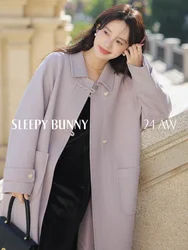 Sweet Style Heart Button Wool Coat Women Fall Winter Loose Fit Turn-Down Collar Elegant Casual High-End Long Overcoat 2025 New